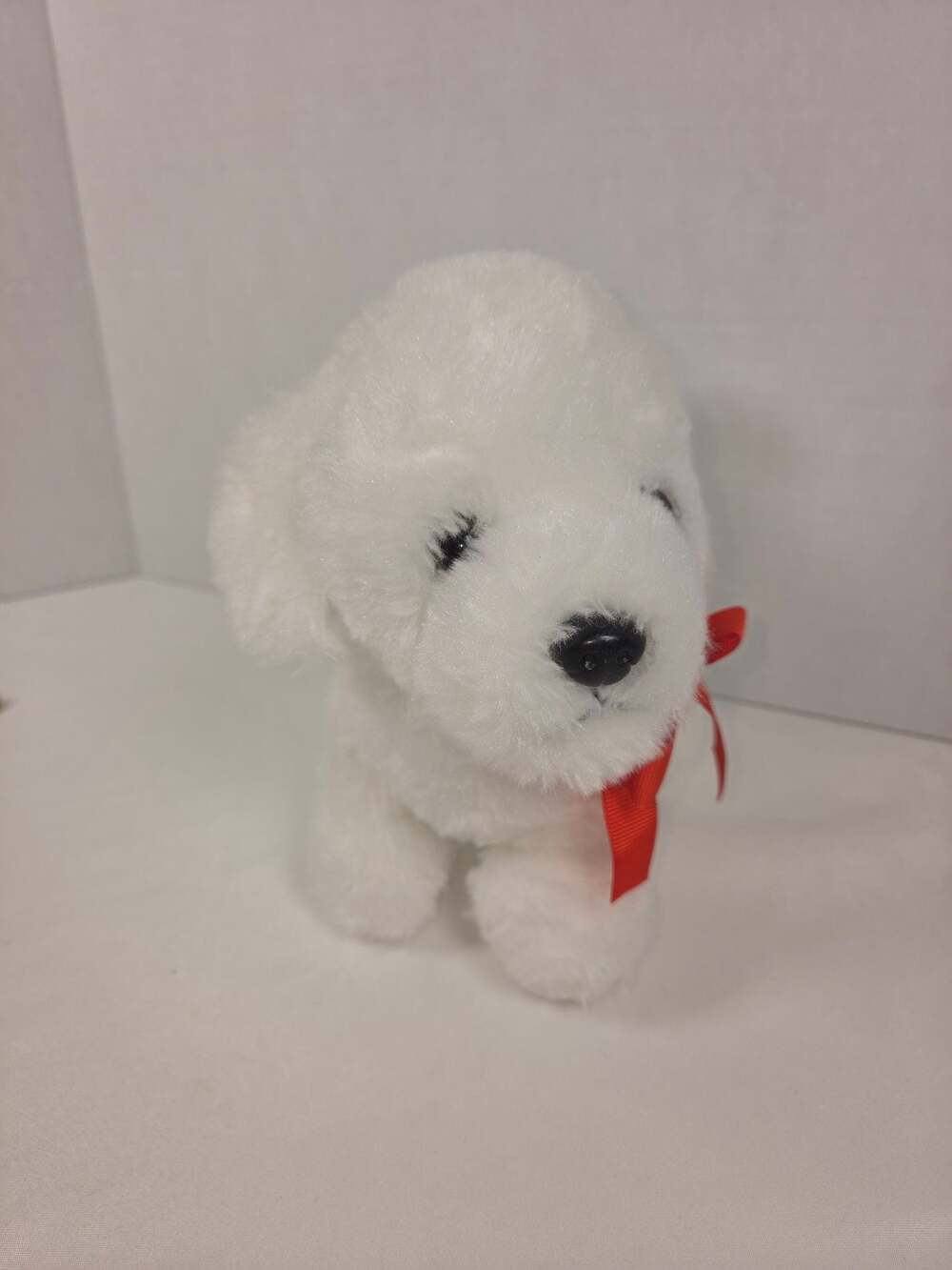 The Petting Zoo White Puppy Dog Plush with Red Ribbon